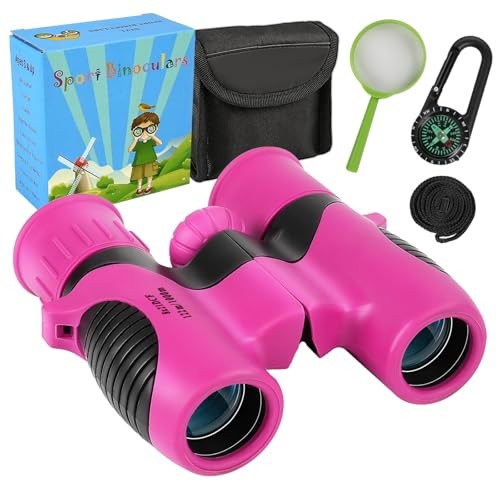 Portable 8×21 Binocular for Kids with Compass Carabiner&Magnifying Rose-Pink