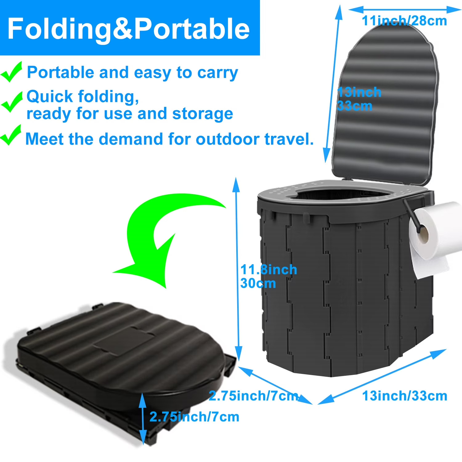 Portable Foldable Camping Toilet Set Privacy Tent Ergonomic Travel Potty Black