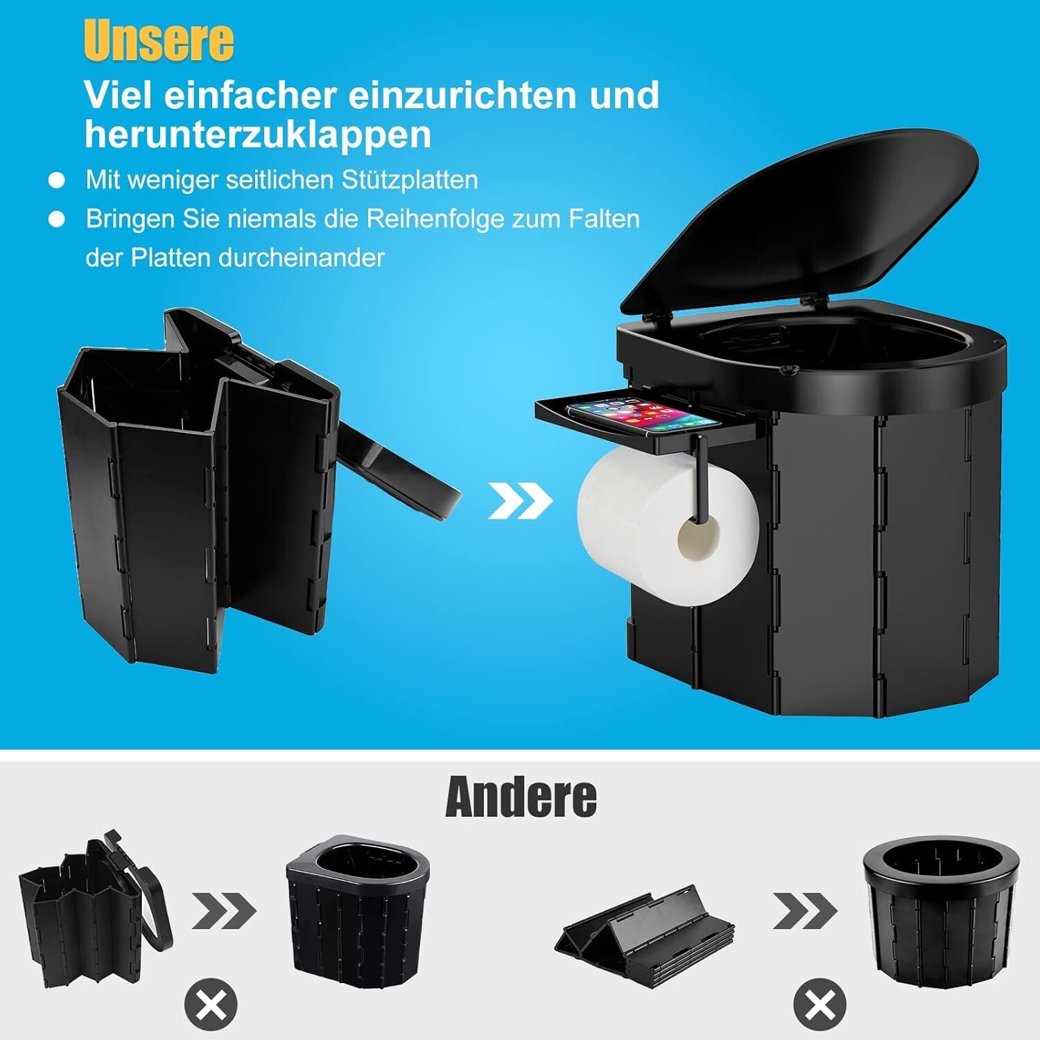 Portable Camping Toilet for Adults 27L Mobile Toilet Phone Holder Hiking