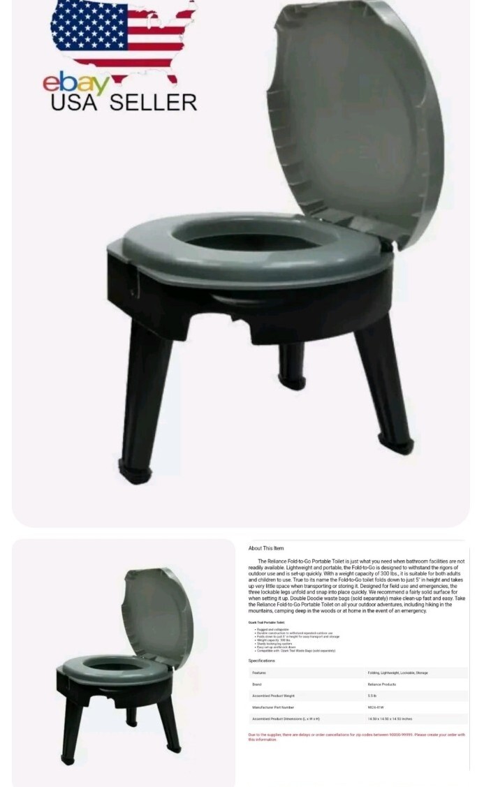 Folding Portable Toilet Reliance Fold-To-Go Collapsible Camping and Hiking Trips
