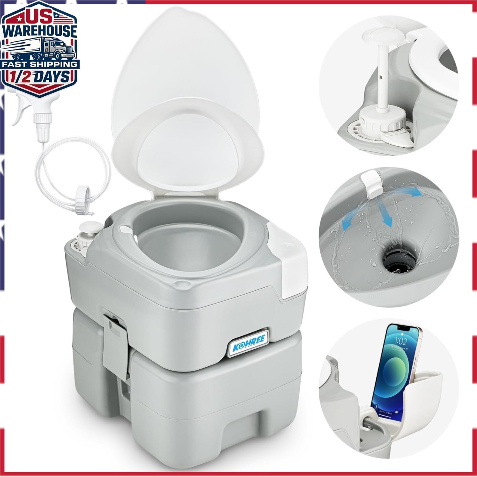 Kohree Portable Camping Toilet 5.3 Gal with Elongated Bowl for RV, Boat, Home