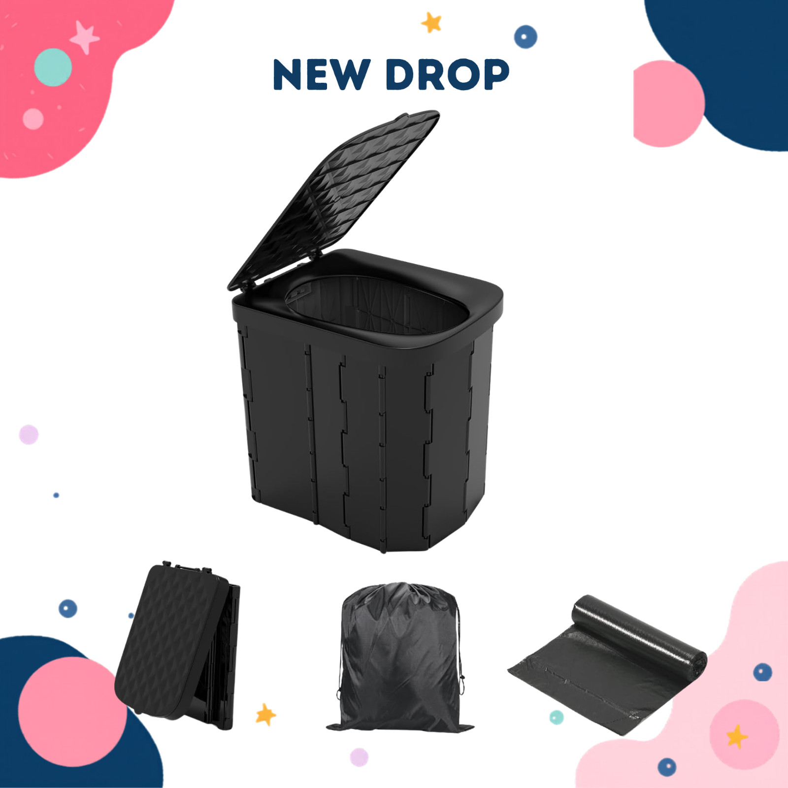 NEW XL Portable Folding Camping Toilet with Lid Travel Adult Car Potty Black