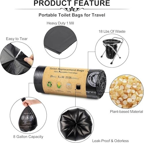 80 Count Heavy Duty 8 Gallon Toilet Replacement Bags – Compostable Camping & Tra