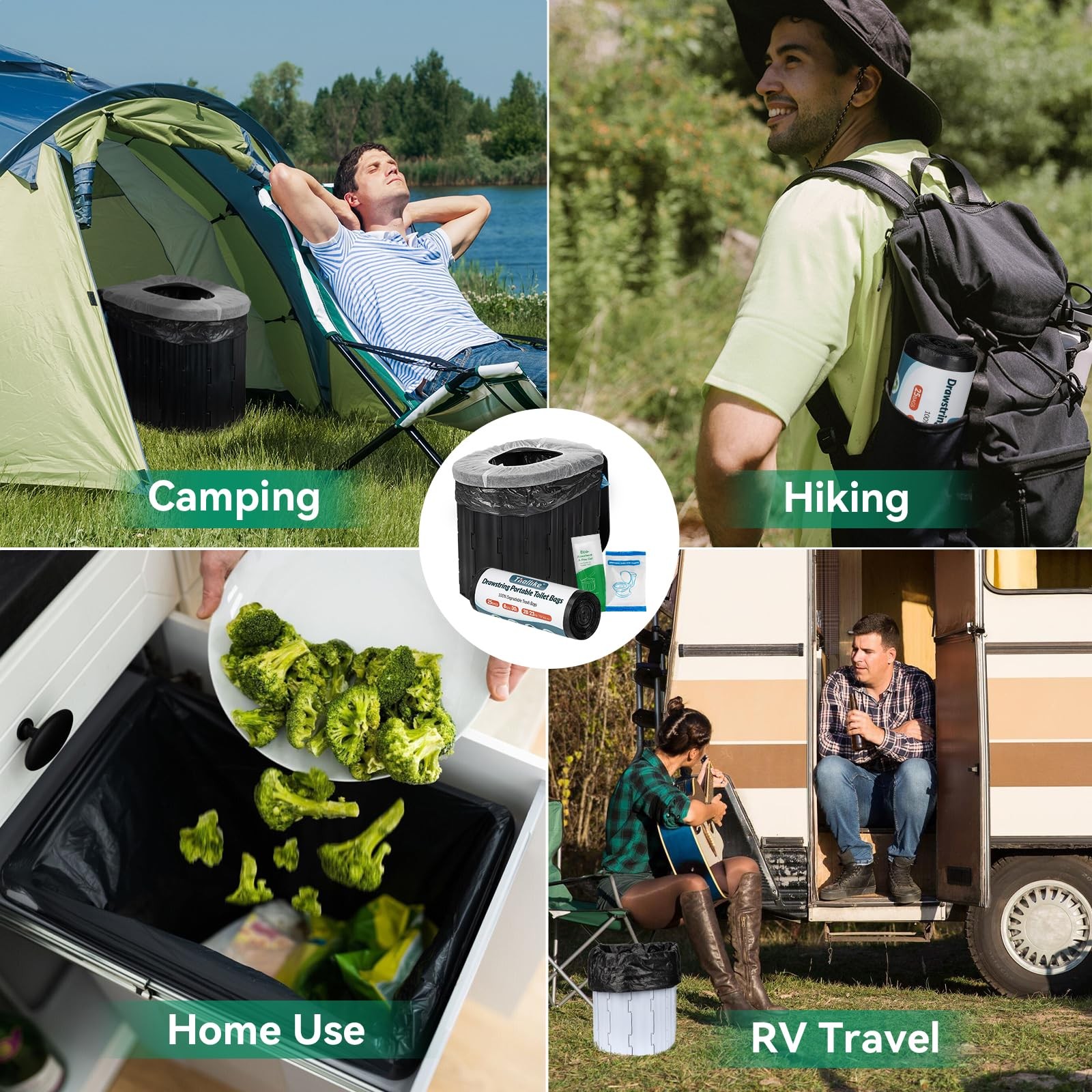 8 Gallon Camping Toilet Bags Set, Drawstring Disposable Potty Bags for Outdoors