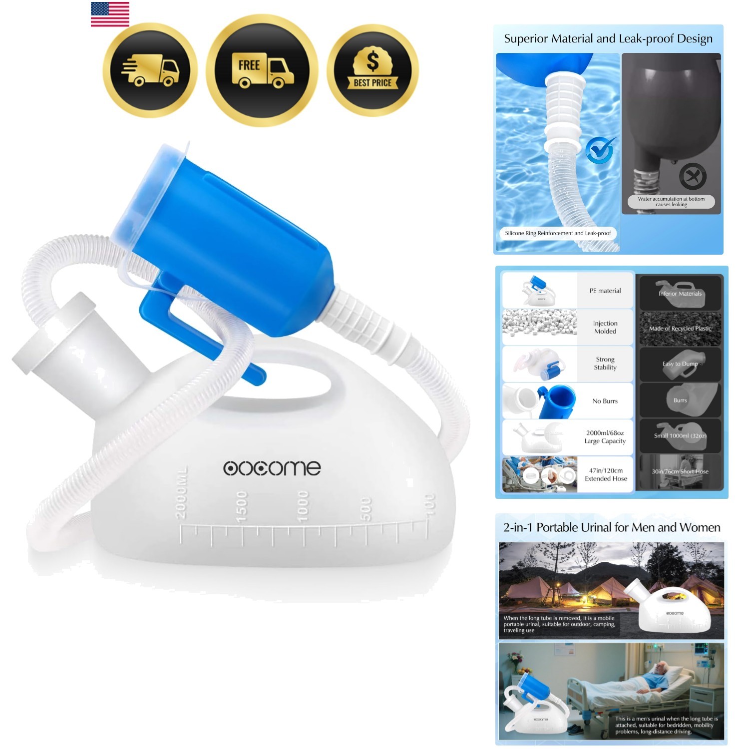 Male Portable Urinal Bottle Reusable Spill Proof Camping Toilet 2000ml
