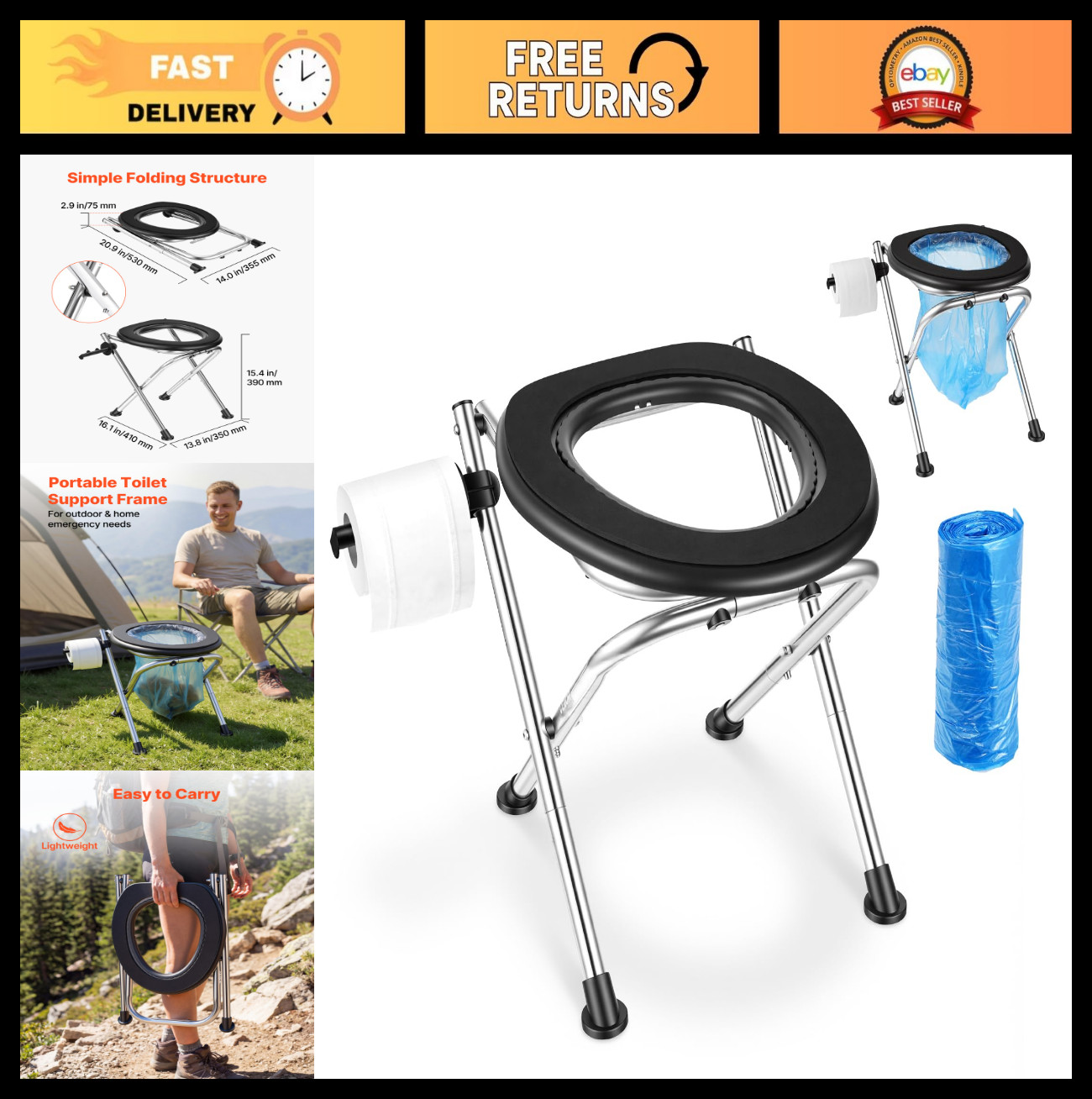 Portable Camping Toilet, 350 lbs Capacity, Stainless Steel, Foldable, Soft Seat,