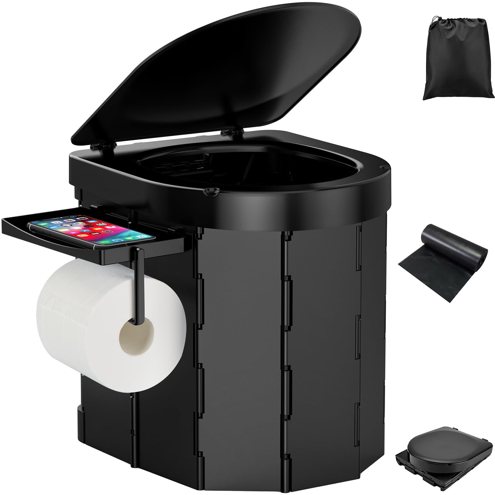 US Portable Camping Toilet with Detachable Phone Shelf and Toilet Paper Holder