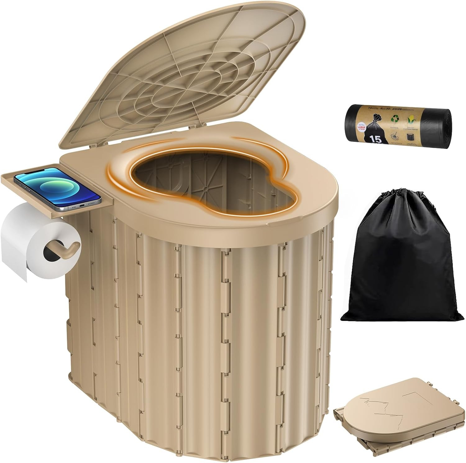 Inodoro Portatil 15in Mejorado con Soporte Papel Carga 450lbs para Camping Viaje