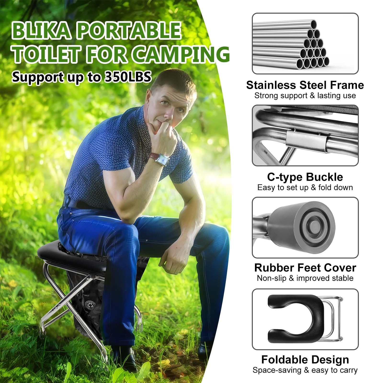 U-shaped Portable Toilet for Camping, 350LBS Stainless Steel Foldable Camp Tr…