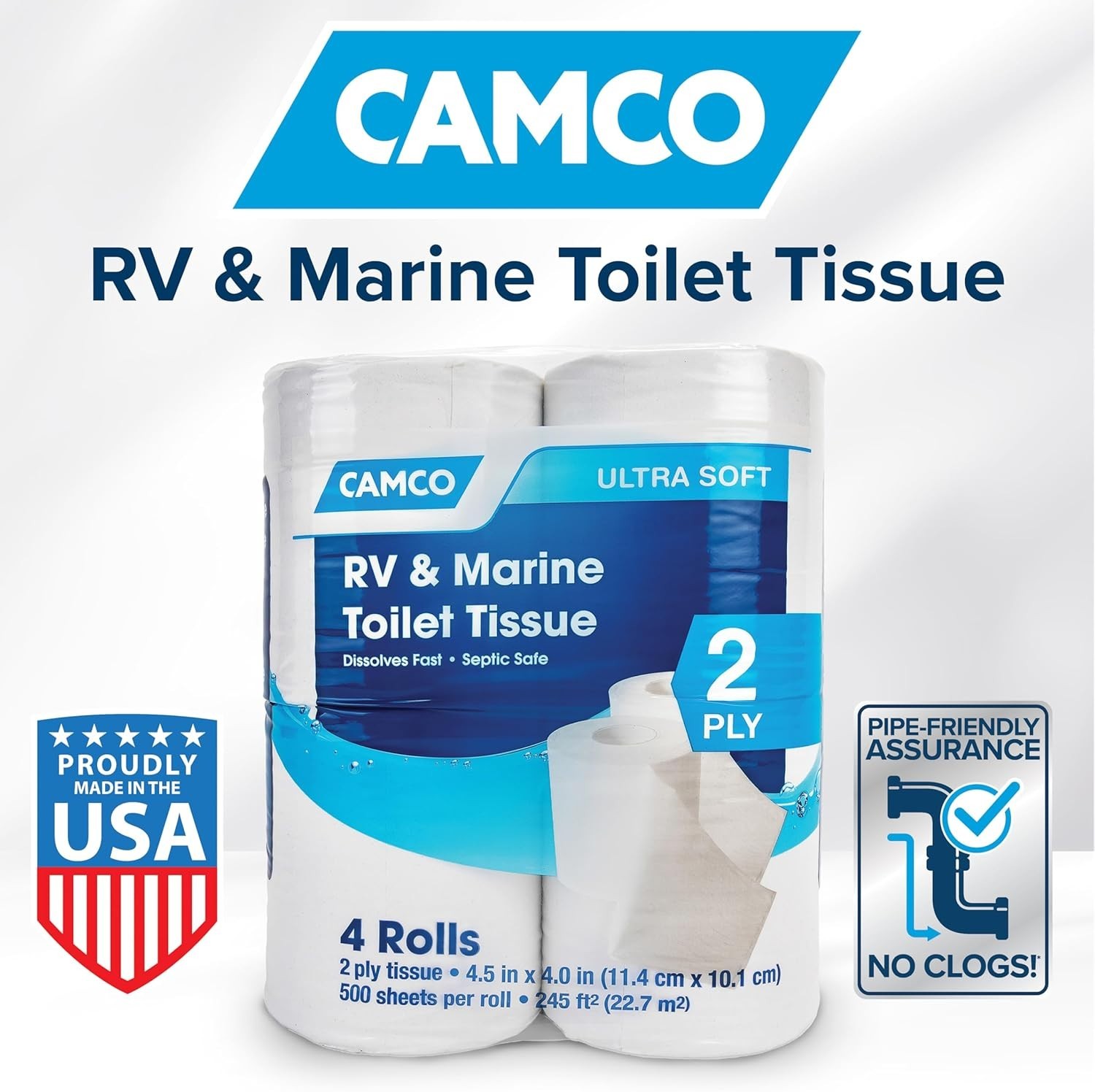 Camco Marine & RV Toilet Paper 2-Ply Septic Safe Dissolves Fast Camping 4-Rolls