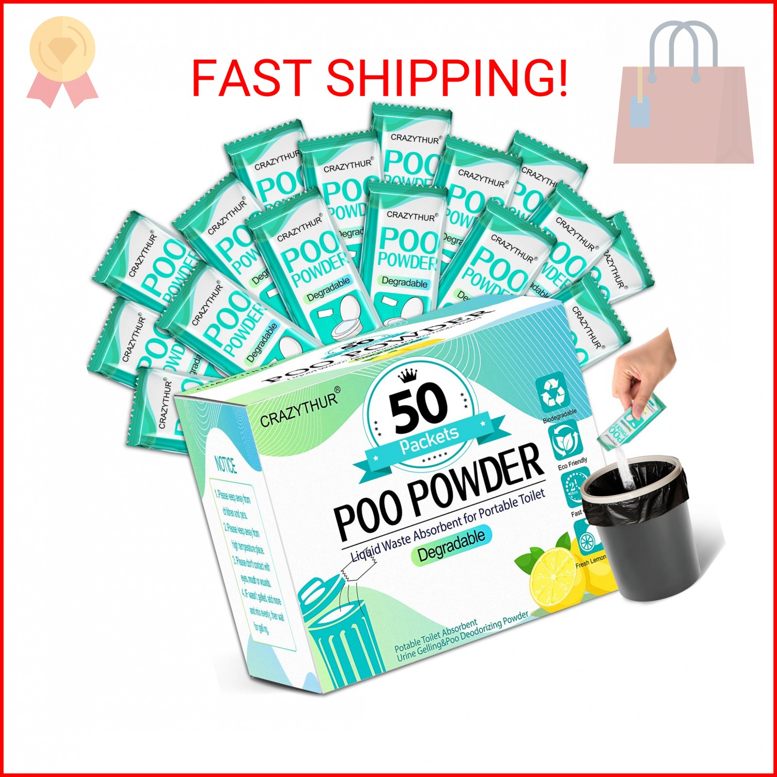 CRAZYTHUR Portable Toilet Gel, 50 Packets Camp Toilet Portable Gel, Poo Powder w