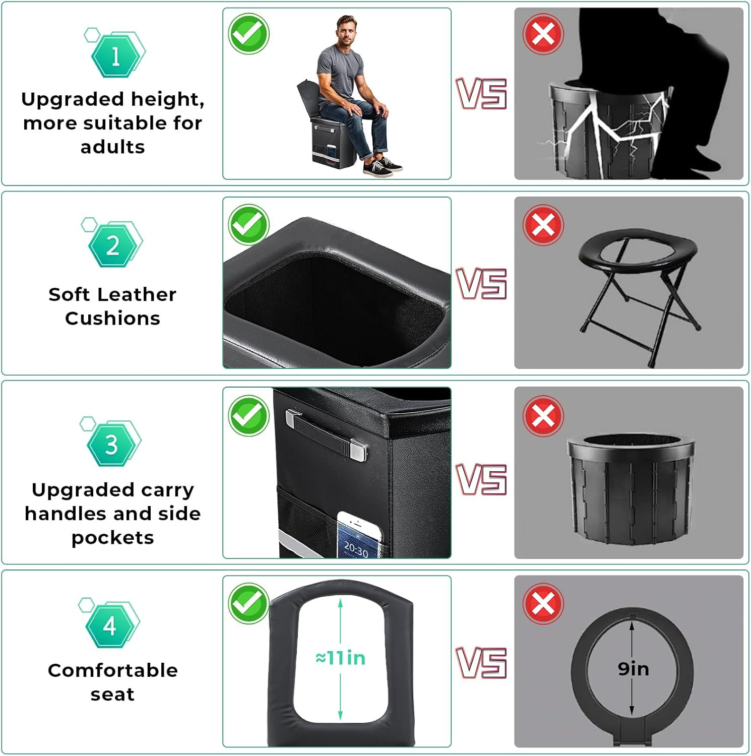 2026 Upgraded XL Portable Toilet for Adults,Tall Camping Toilet with Lid and Con