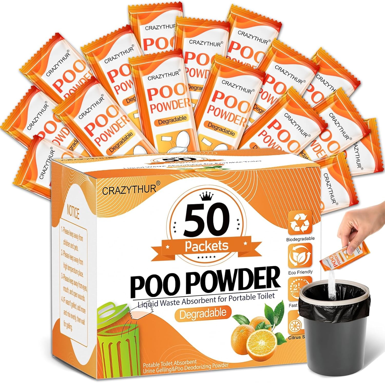 Poo Powder for Portable Toilet Gel Powder, Camping Toilet Gel 50PCS | Citrus Sce