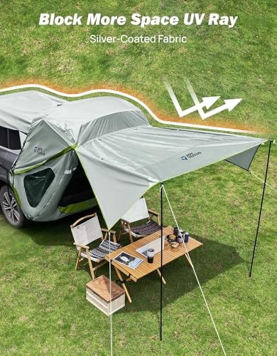 SUV Tailgate Tent with Three Sides Awning and Poles, Large-New Grey Green