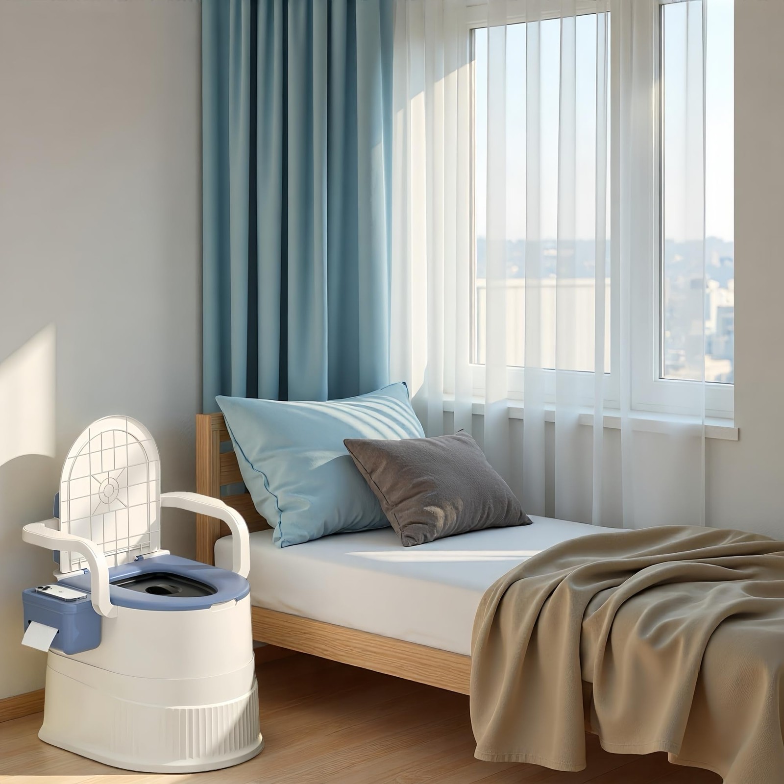 RVTENRIO Portable toilet seat with armrests, with lid, with tissue holder, wi…