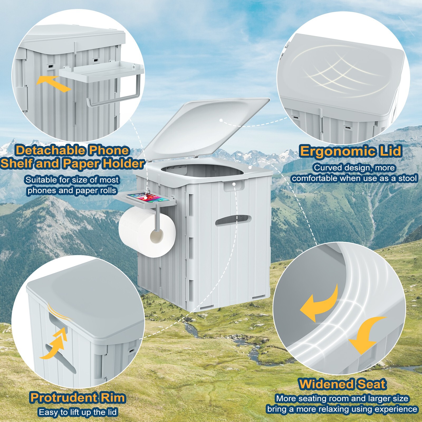 Extra Large Portable Camping Toilet with Lid, Phone Shelf and Paper Holder