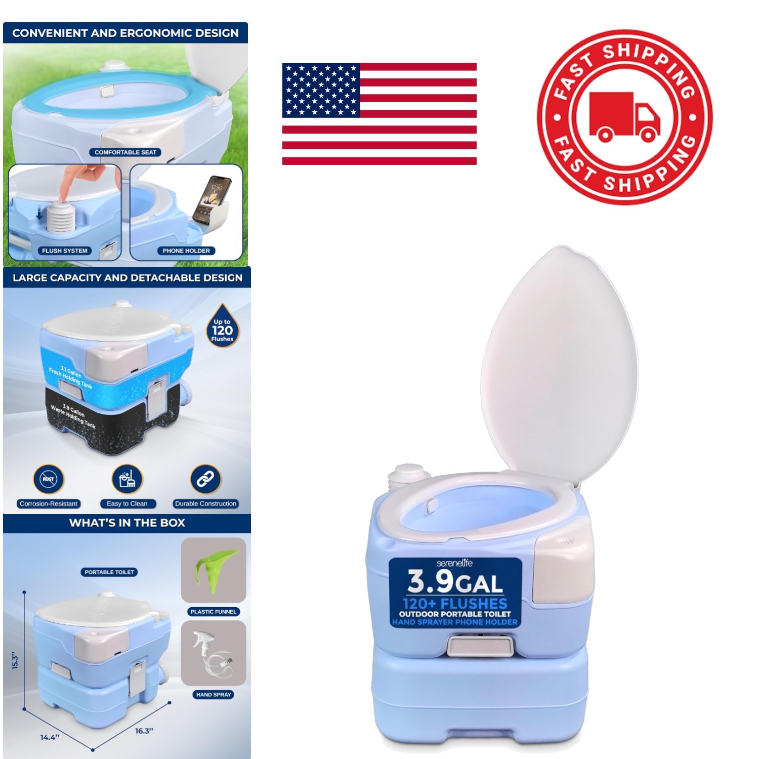 Portable Camping Toilet 4 Gallon Lightweight Blue for Hiking and Boating