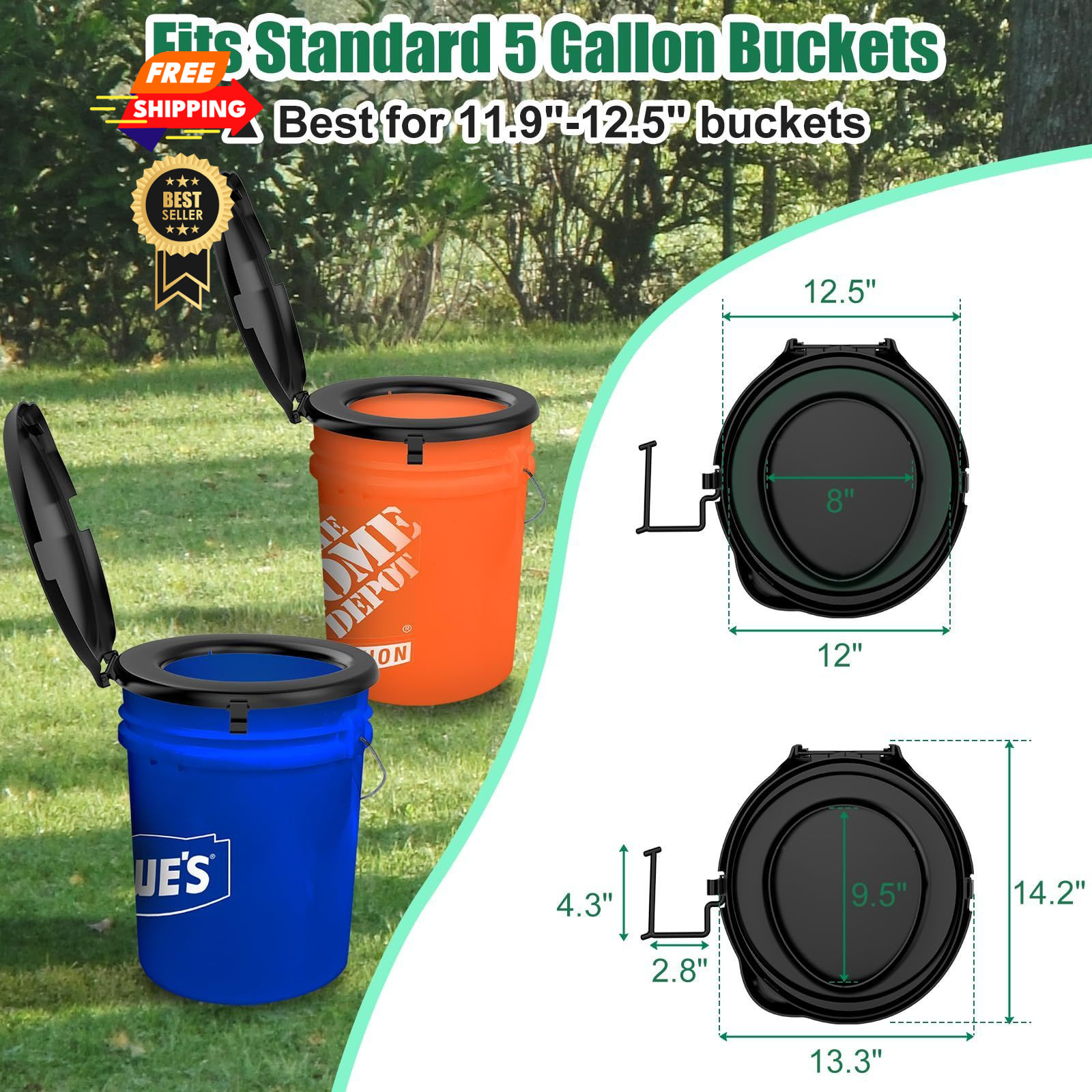 Portable Toilet Seat for 5 Gal Buckets, Camping with Lid Black