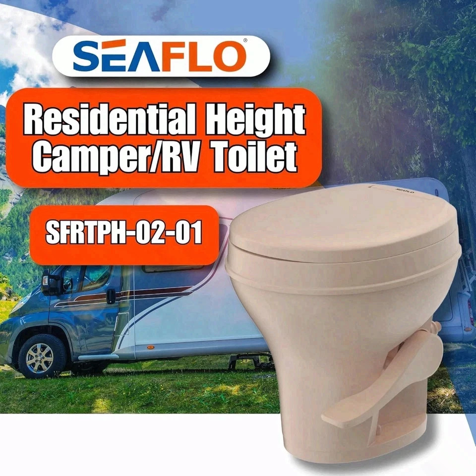 SEAFLO Bone-Colored Residential Height Camper/RV Toilet, 18.5” Gravity Flush,,
