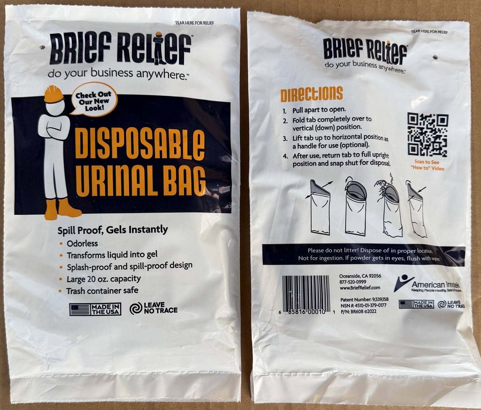 10-PK! Brief Relief Disposable Urinal Bag, Leave No Trace (Lot of 10)!