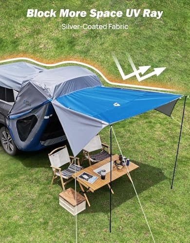 SUV Tailgate Tent with Three Sides Awning and Poles, Water Large-New Grey Blue