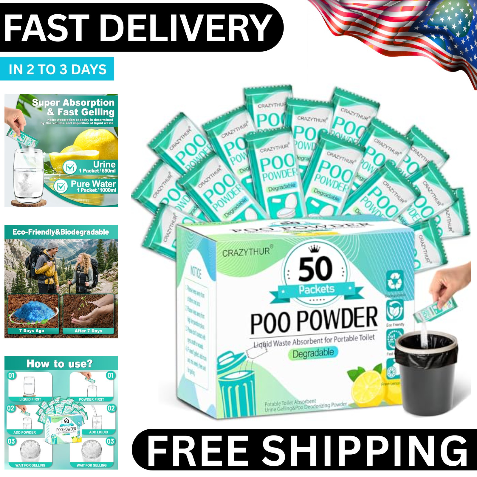 Portableportable Toilet Gel, Poo Powder for Portable Toilet, Camping Toilet Gel,