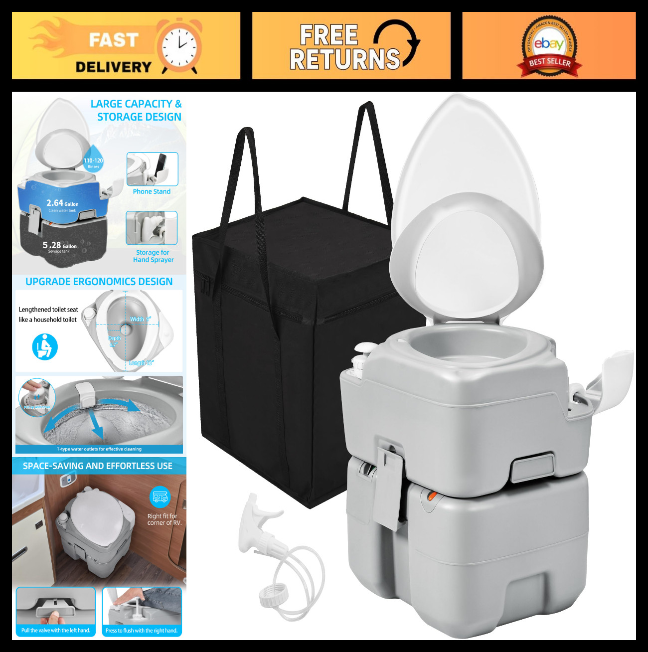 Portable Camping Toilet 5.28 Gal | Leak-Proof Porta Potty with Hand Sprayer, Car