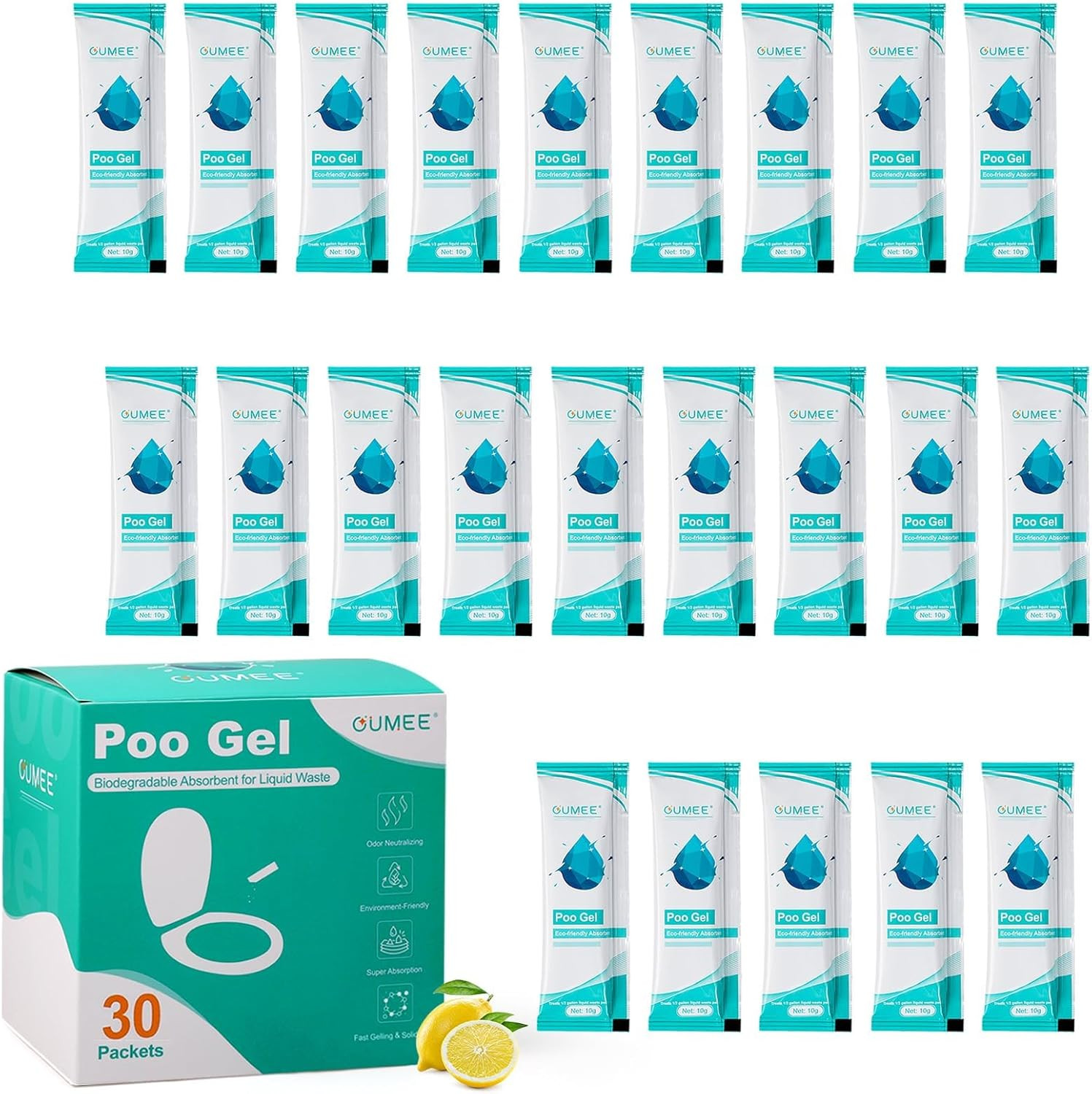 30 Pack Lemon Portable Toilet Gel, Poo Gel for Potty, Camping Toilet Powder