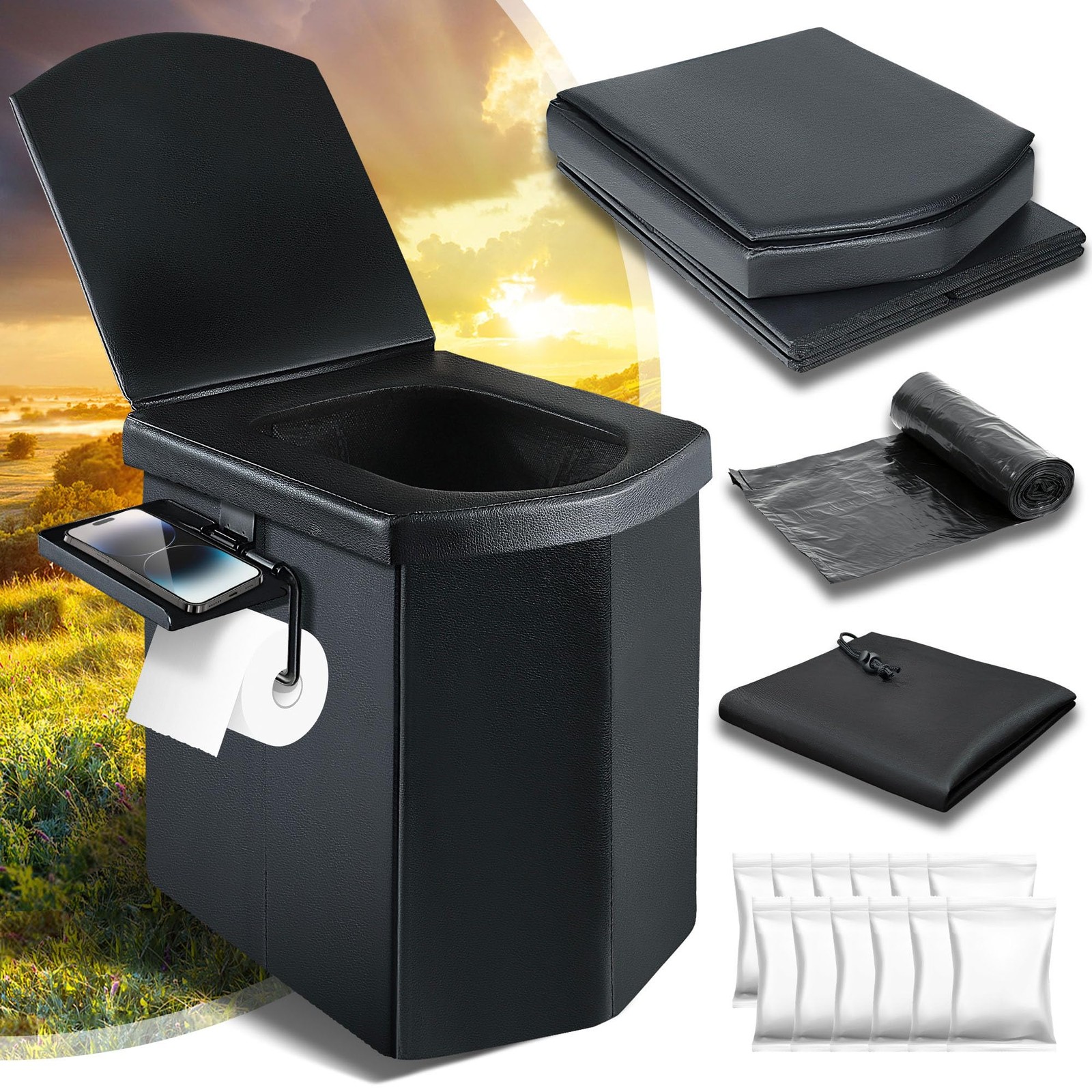 Upgraded 16.5 Inch Tall Portable Camping Toilet Lid Fold Travel Potty Bag