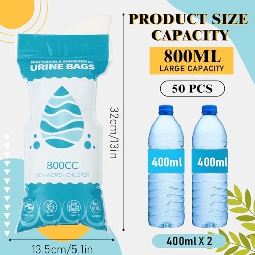 50 Pcs Disposable Urinal Bags – Portable Emergency Pee Bags for Travel, Camping,