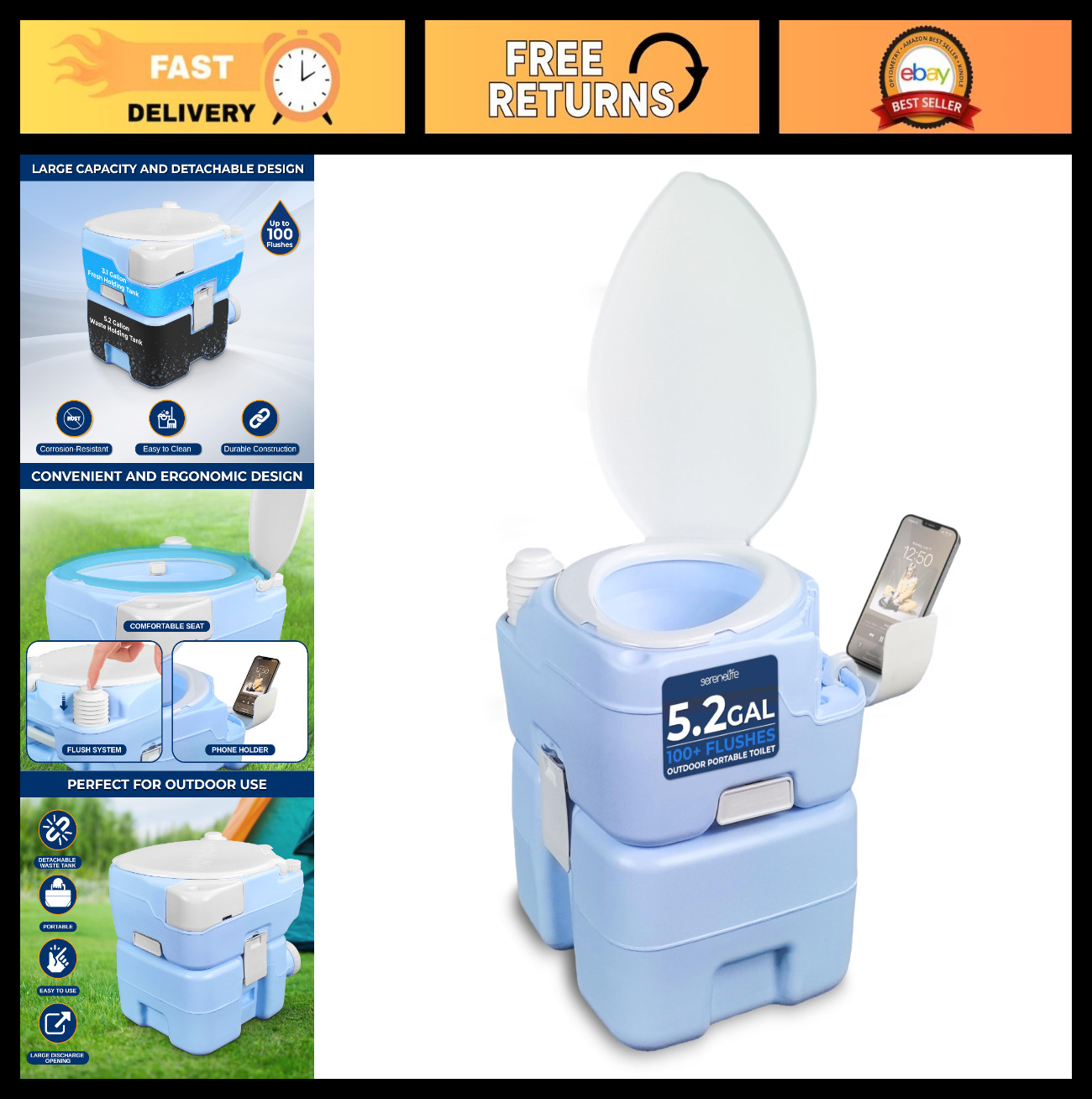 Portable Camping Toilet 5.3 Gal – 100+ Flushes, Extra Large Seat, Detachable Tan