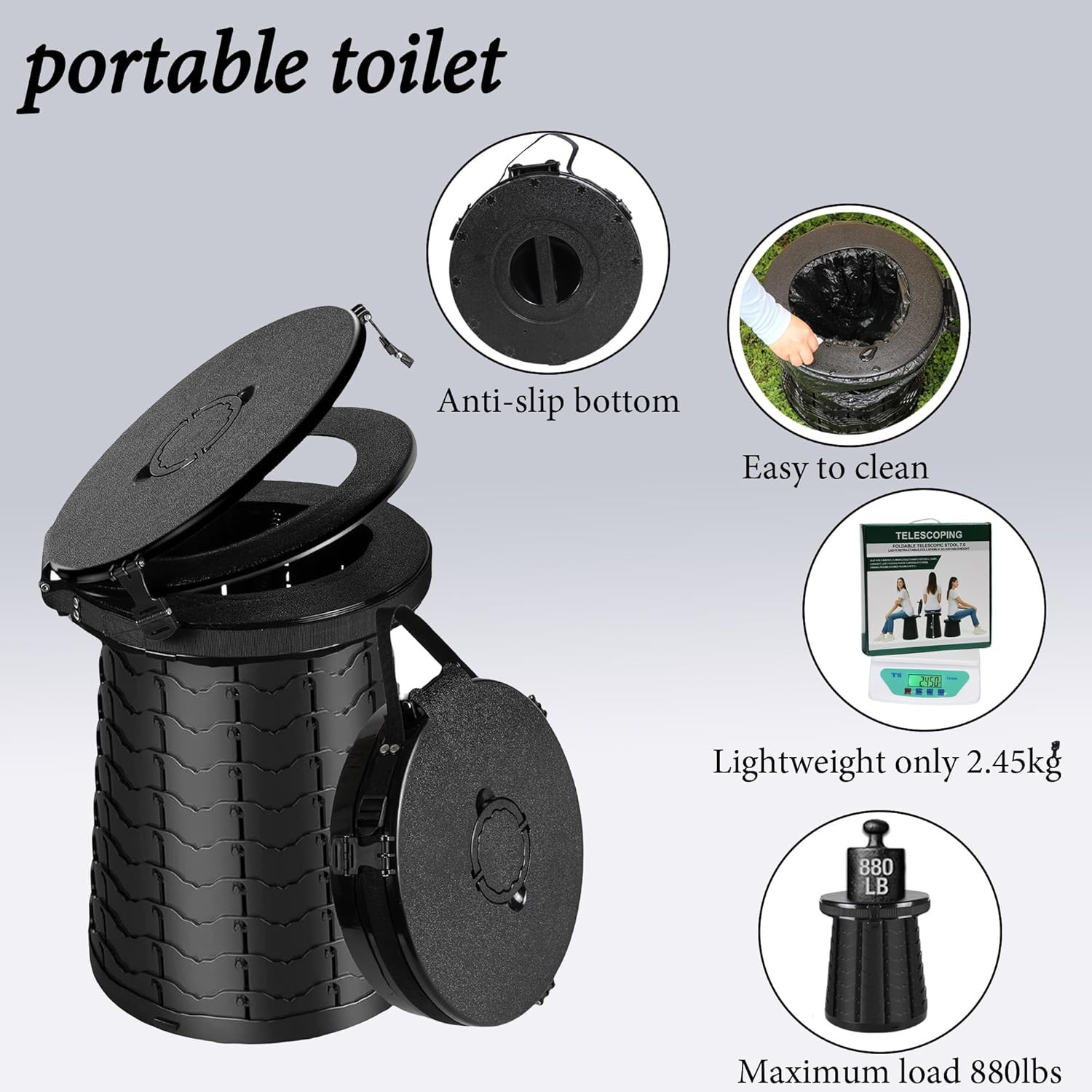 XXL Portable Camping Toilet – Adjustable, Foldable, with Carry Bag & Lid