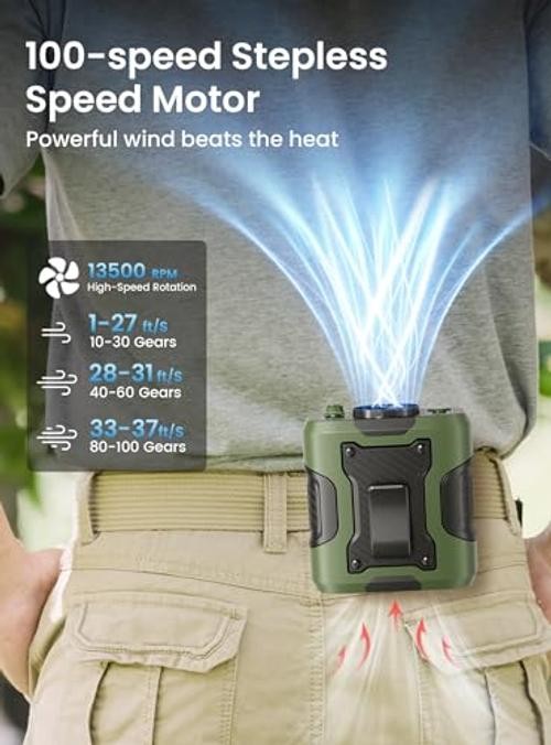 Waist Clip-on Fan, 100 Levels of Speeds, 24H Use Time | Cool Clip Fan Green