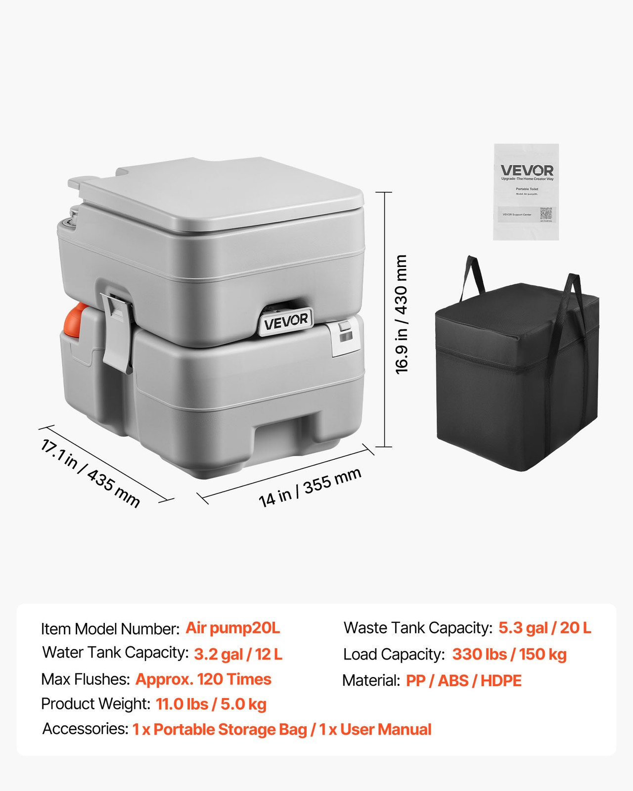 VEVOR Portable Toilet Outdoor Travel Potty 5.3 Gallon Flush for Camping Hiking