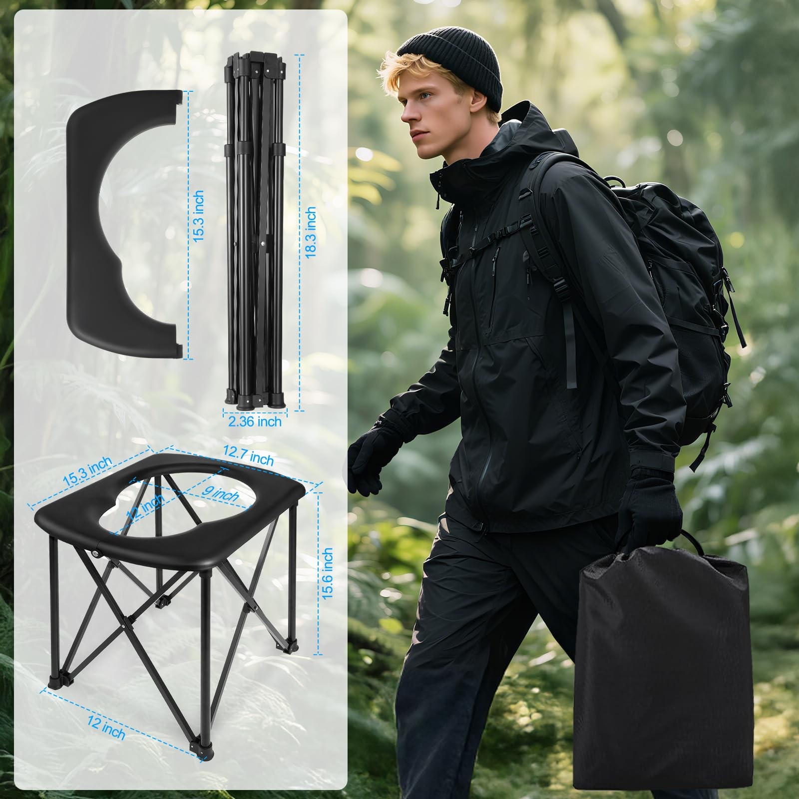 Ultralight Portable Camping Toilet 6” Foldable 2-Second Setup for Travel 350LBS