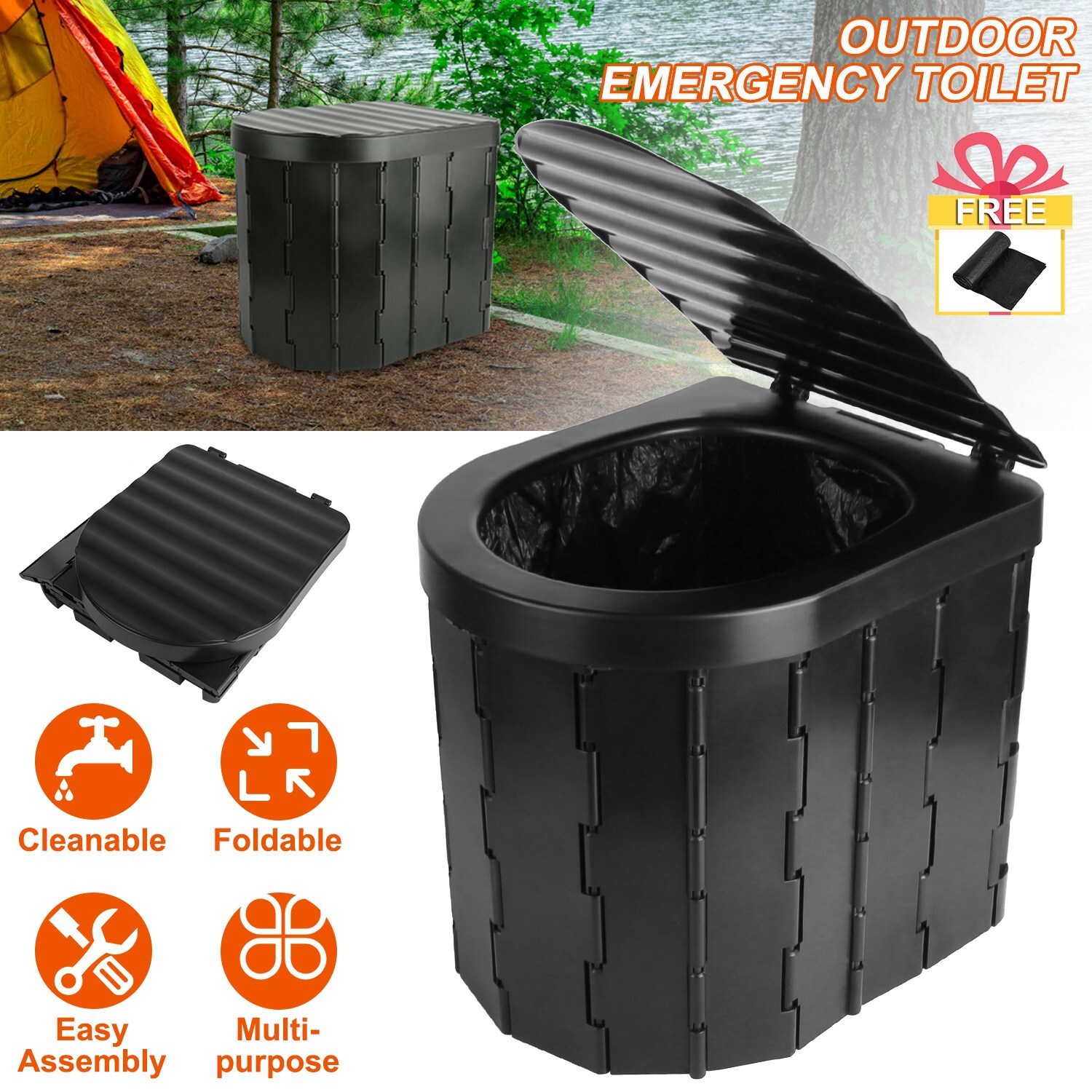 Portable Camping Toilet Foldable Potty Outdoor Emergency with Lid for Adult