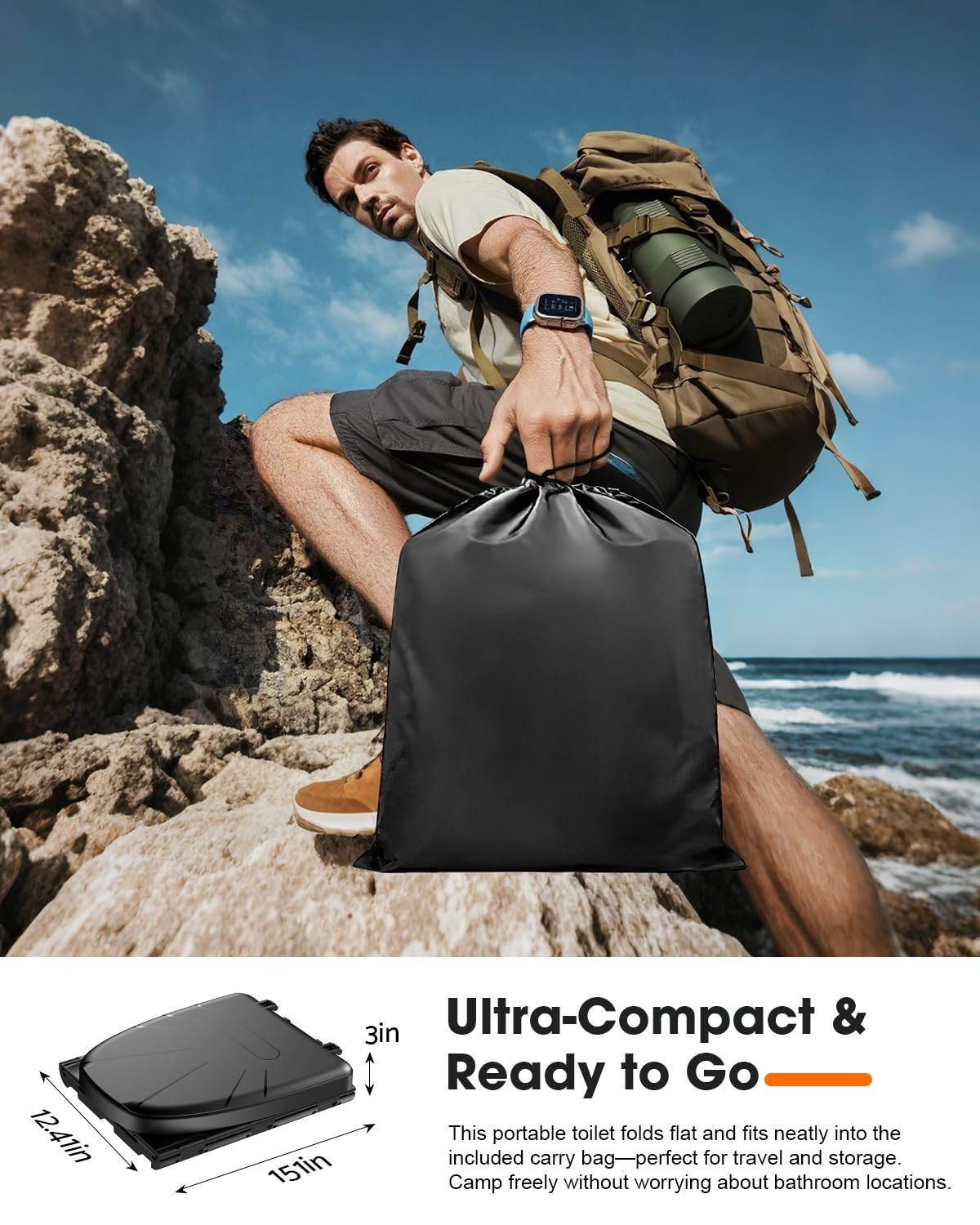 Upgraded 15″ XL Portable Toilet for Camping, RV, Hiking, 500 LBS Capacity, Lid &