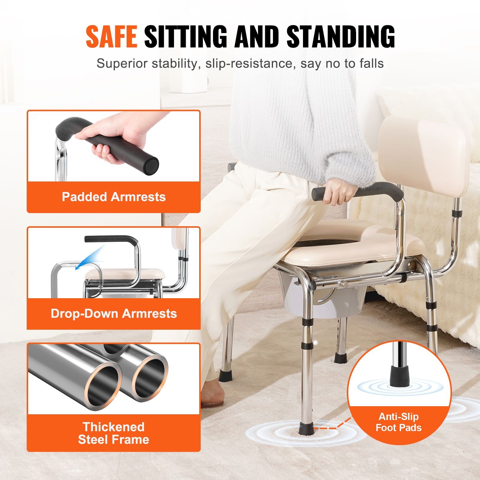 Commode Chair, Bedside Commode with Padded Seat, Drop – Down Arms, 7 – Level