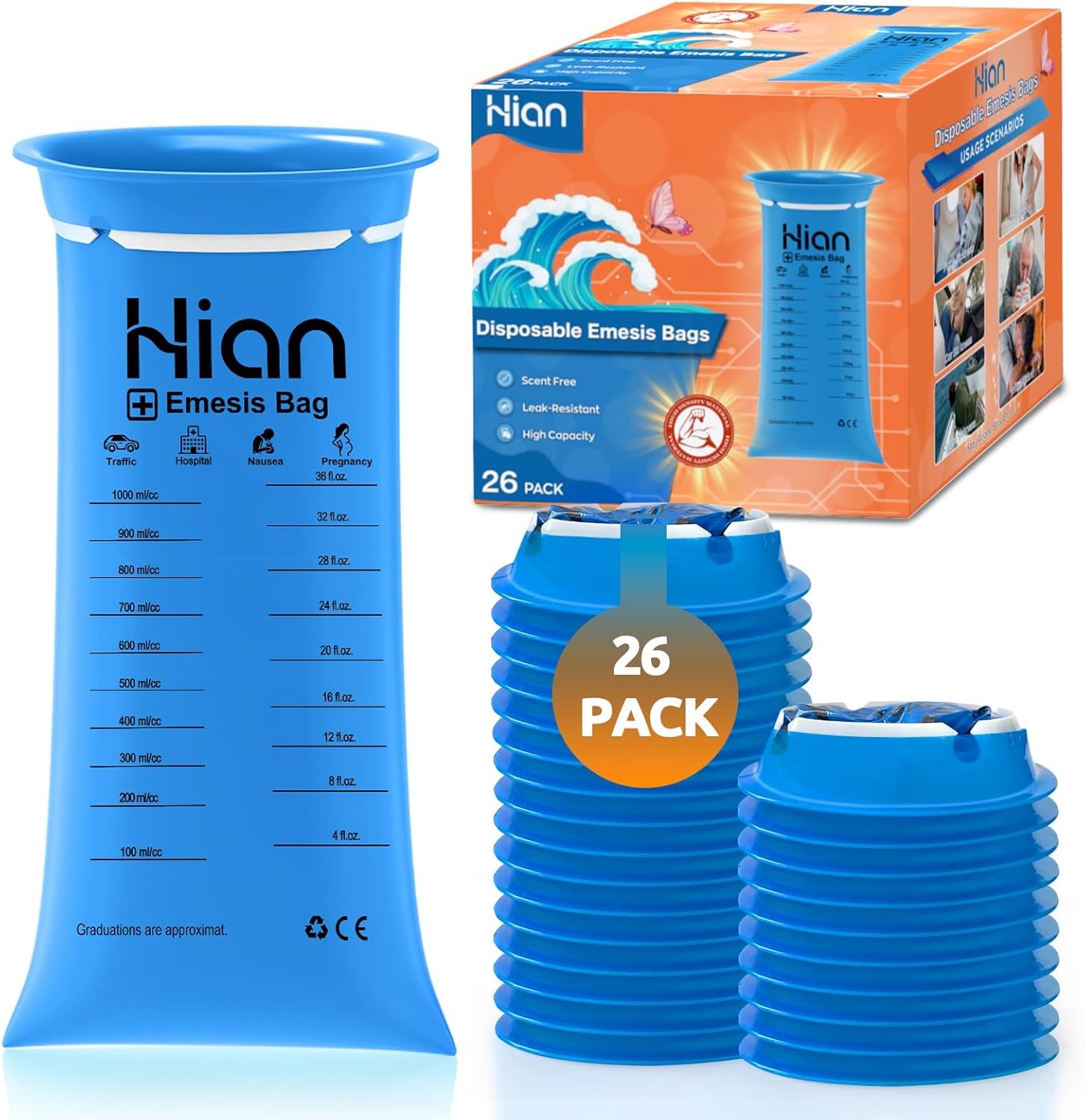 Hion Vomit Bags Disposable – 26 Pack 1000ml Emesis Bags – Leak Resistant, Me