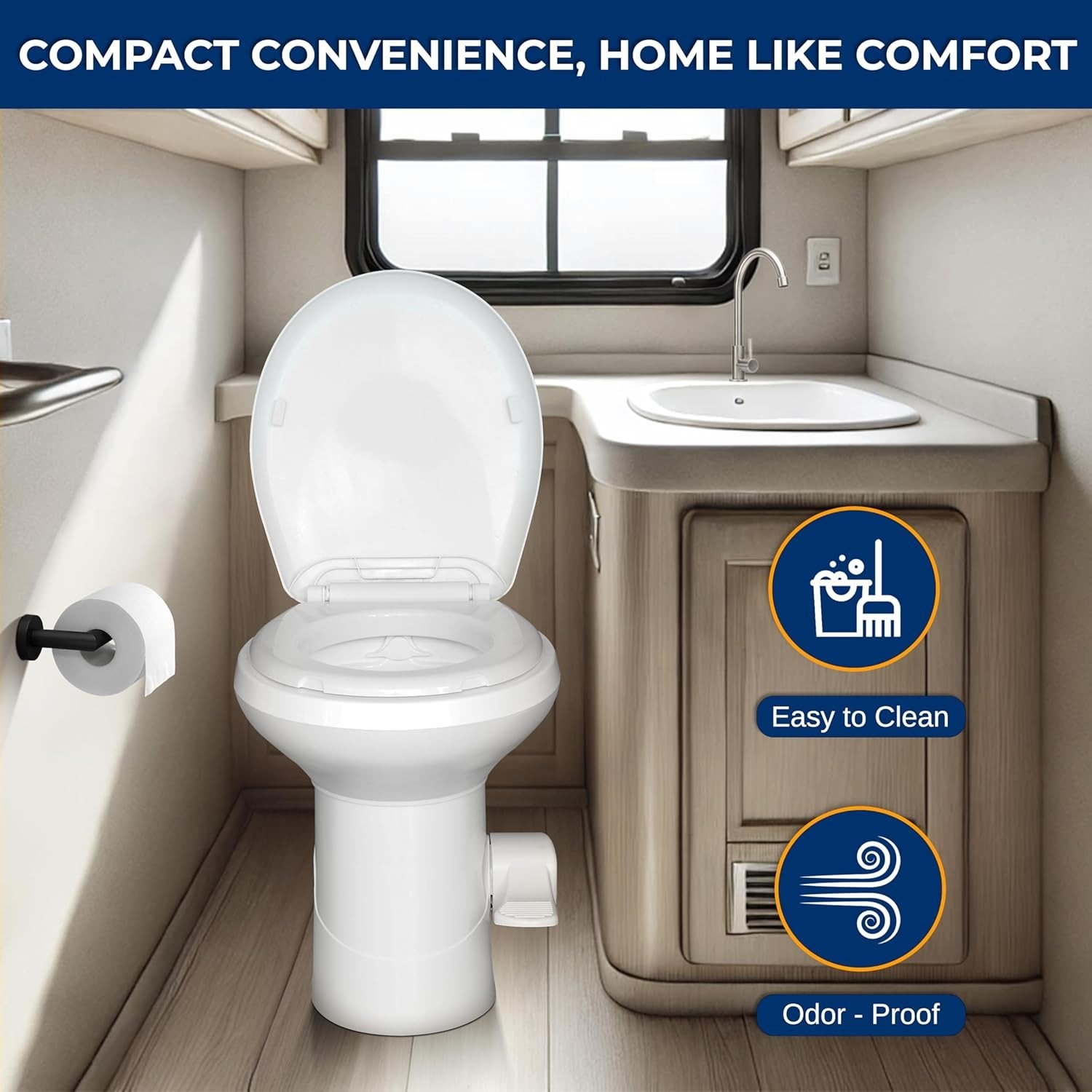 RV Gravity Flush Toilet with Foot Pedal and Hand Sprayer | T-Type Full-Bowl F…