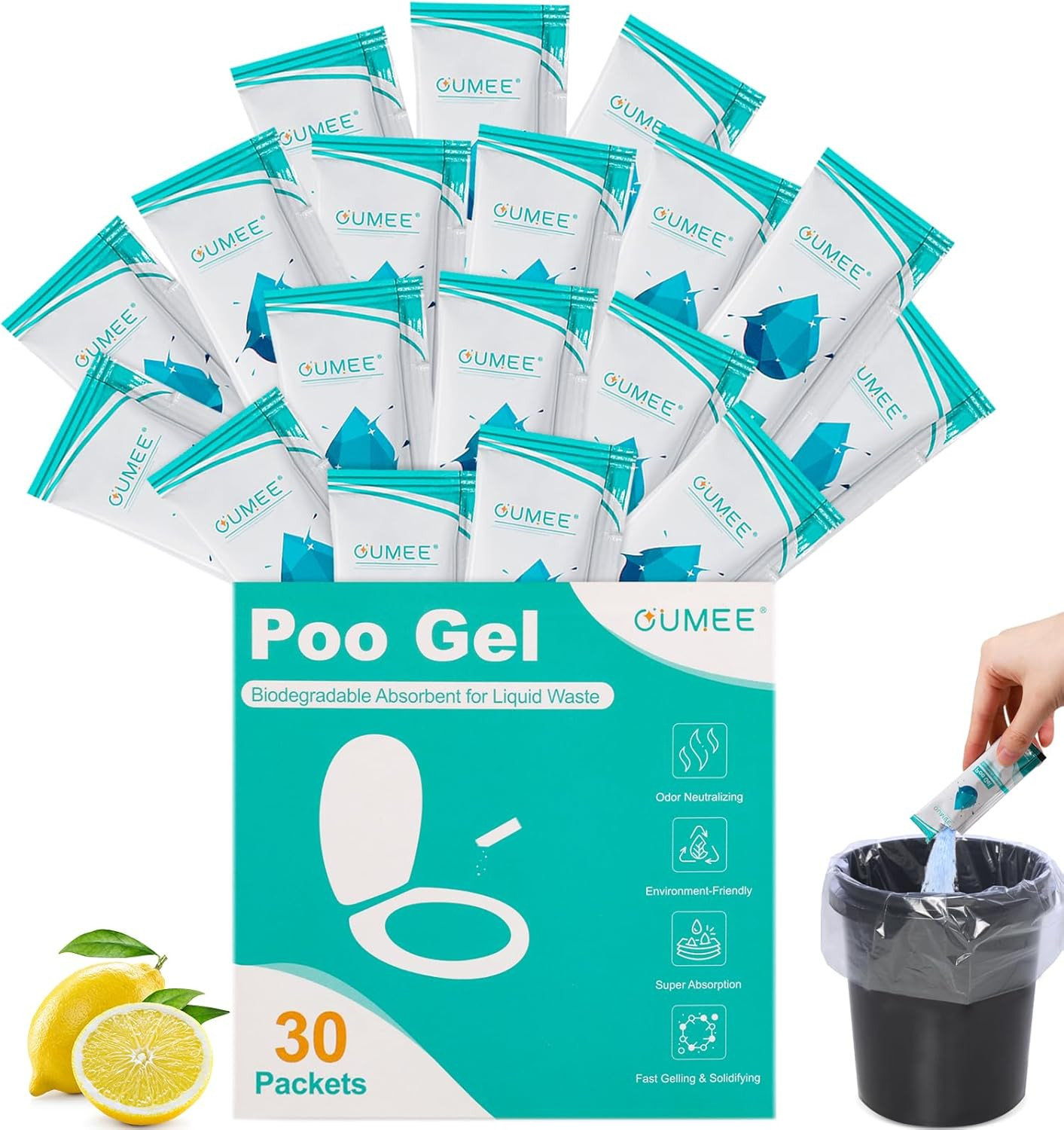 OUMEE 30 Pack Lemon Portable Toilet Gel, Poo Gel for Potty | Camping Toilet Powd