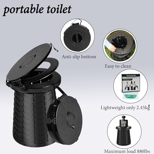 XXL Portable Toilet -19.7″ H 15″ D Adjustable Foldable Camping Toilet, Black