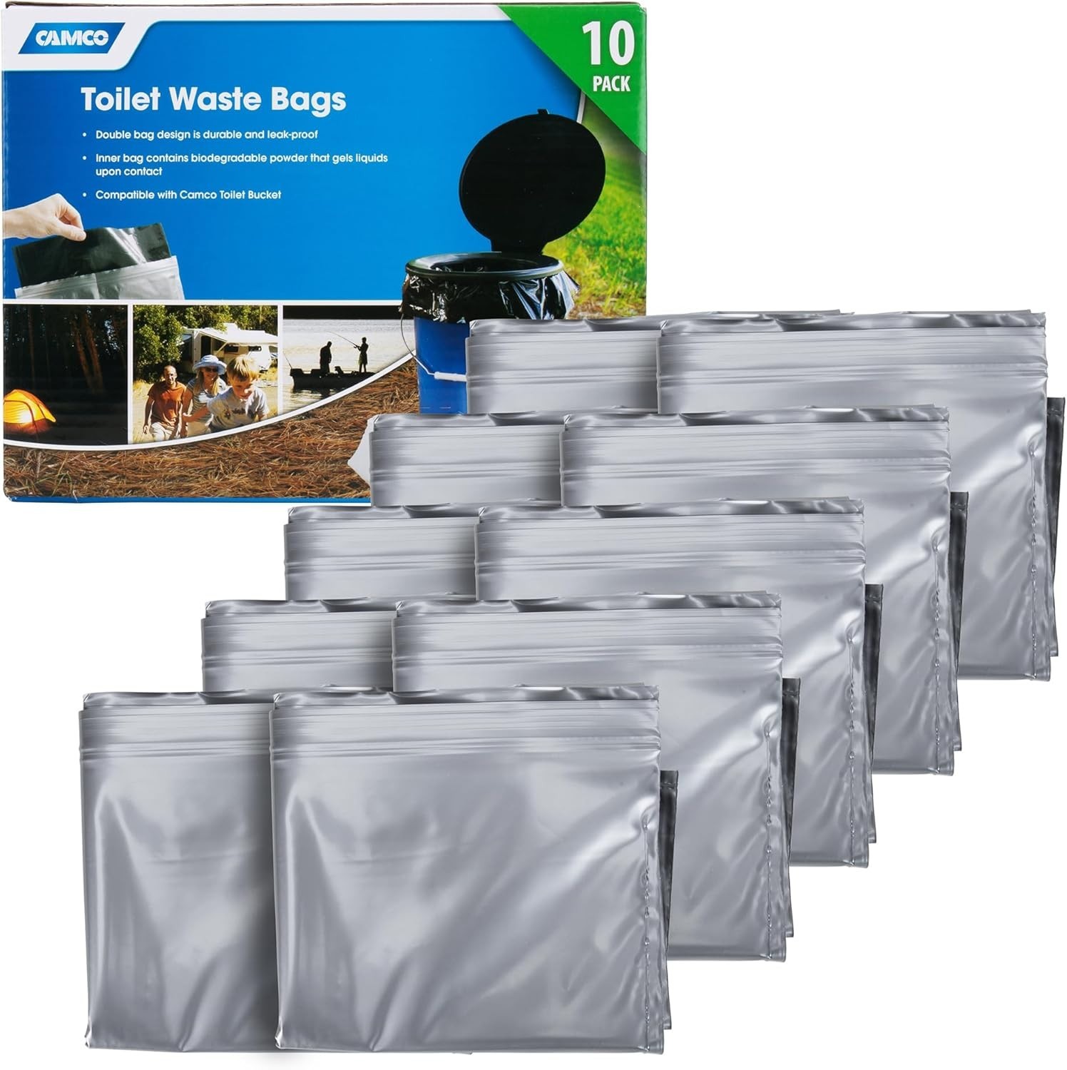 10-Pack Portable Toilet Waste Bags with Biodegradable Powder Leakproof Double