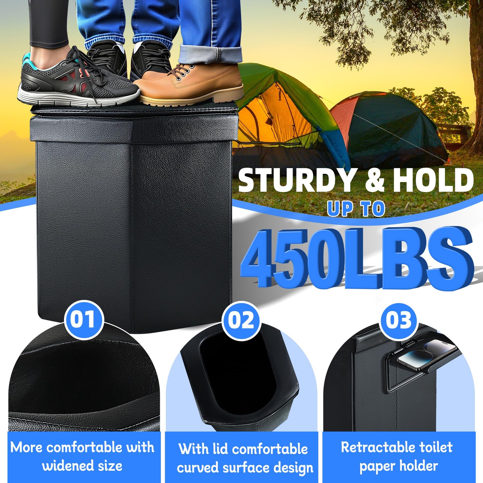 Upgraded 16.5 Inch Tall Portable Camping Toilet Lid Fold Travel Potty Bag