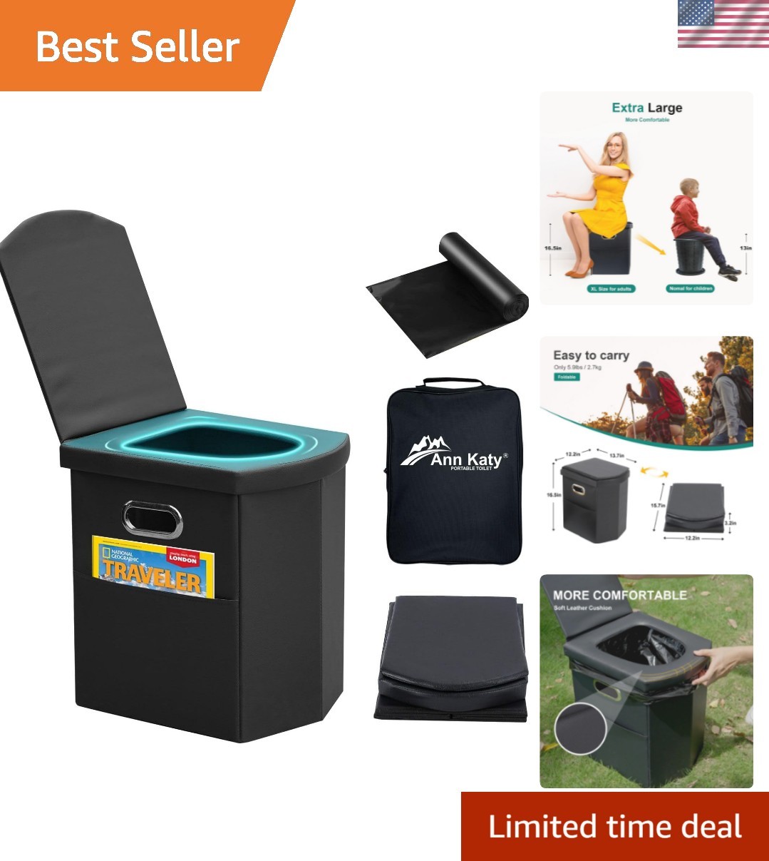 Upgrade XL Portable Toilet – 16.5-Inch Comfortable Folding Solution for Camping