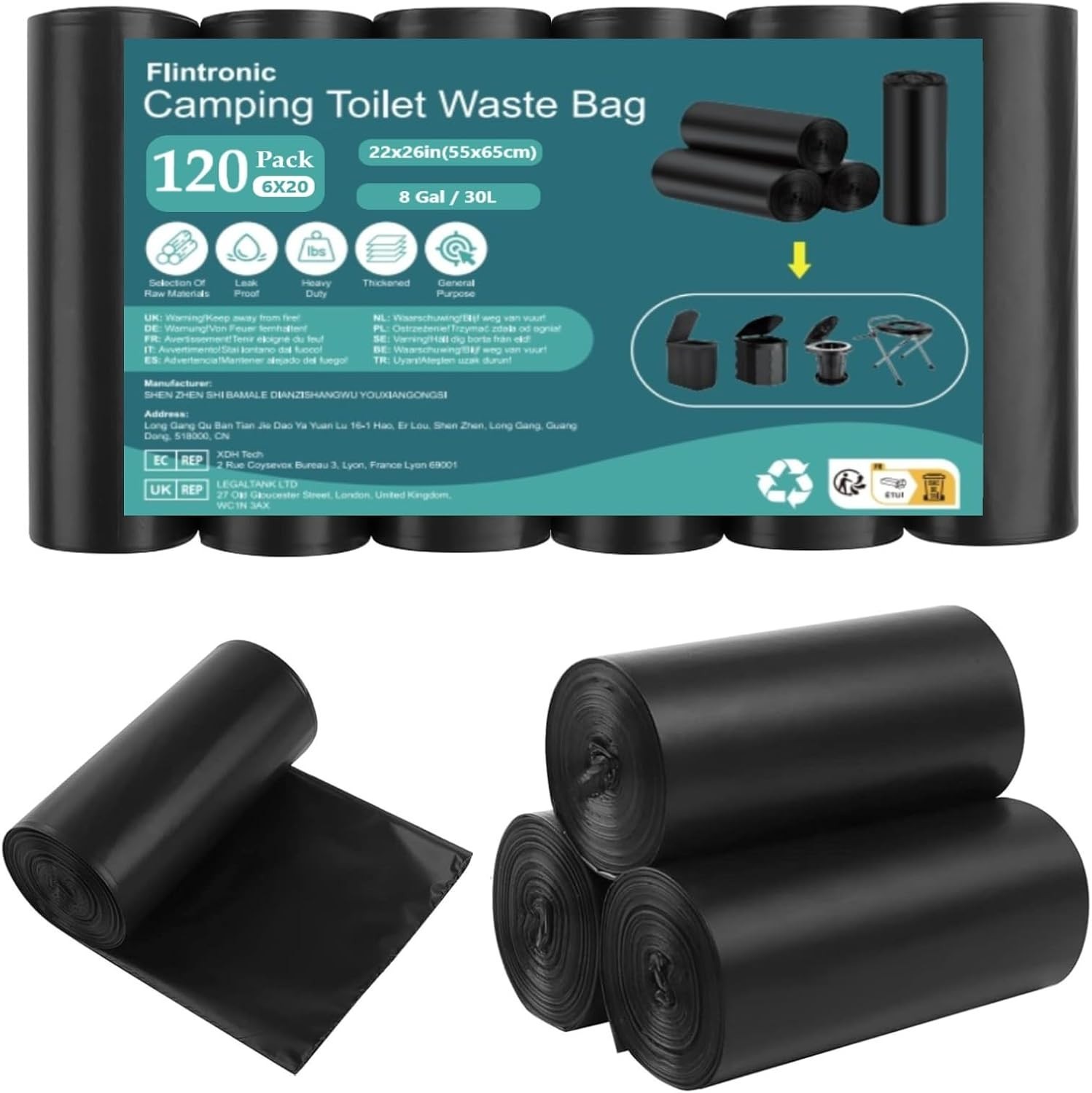 60 Pack Camping Toilet Bags 30L Heavy Duty Portable Waste Liners Black
