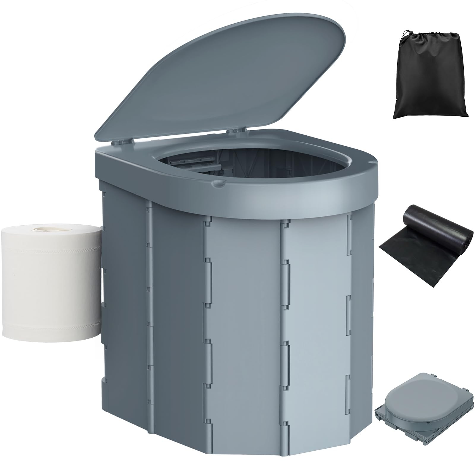 Portable Camping Toilet for Adults with Lid and Retractable Toilet Paper Holder