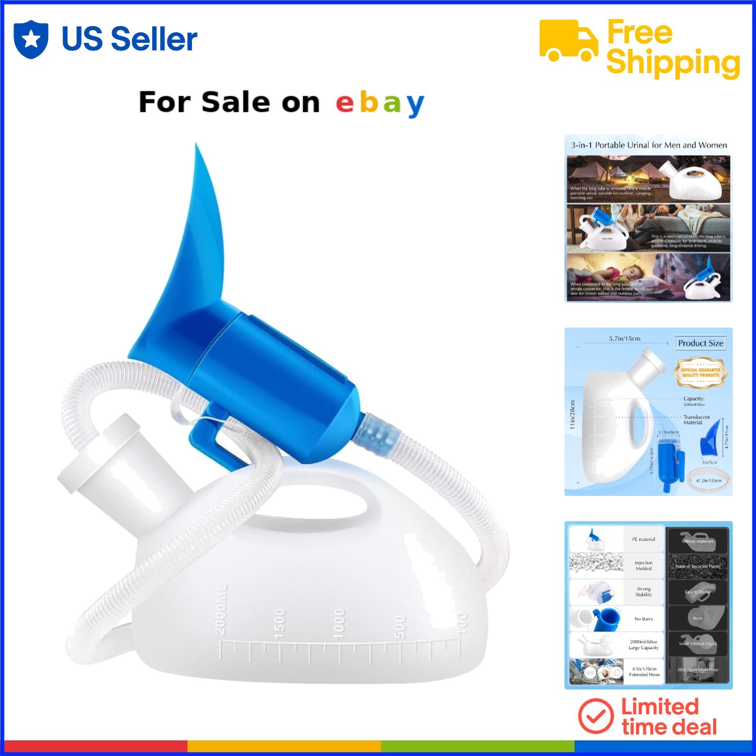 Unisex Plastic Travel Urinal 68 OZ Spill Proof Car Camping Emergency Toilet