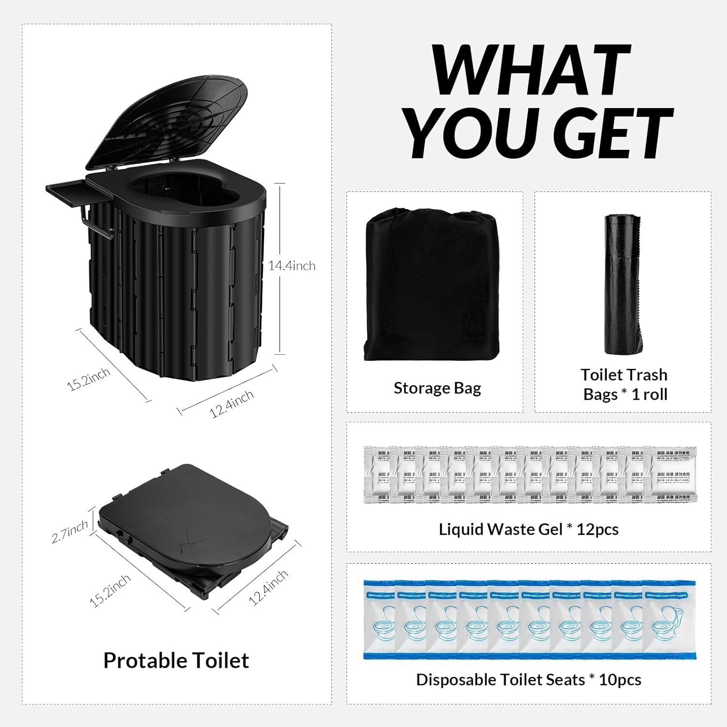 Ergonomic 15″ Portable Camping Toilet – 450Lbs Capacity, Foldable & Lightweight