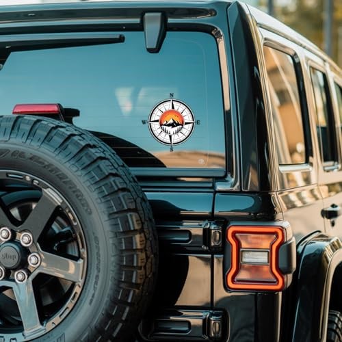 2 Pcs Compass Mountain Sunset Bumper Sticker UV DTF Decal Adventure Travel